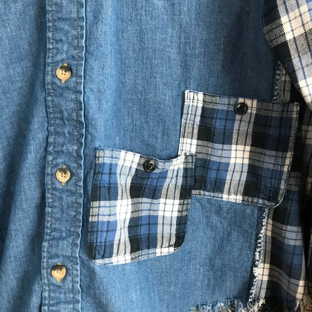 Upcycled Denim Plaid Flannel Jean Jacket, Boho Patchwork Shirt Plus Size XL - 2X - Picture 4 of 9